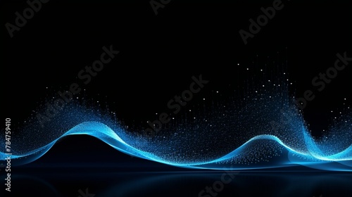 Abstract dotted wave line particle of blue design element on dark black background