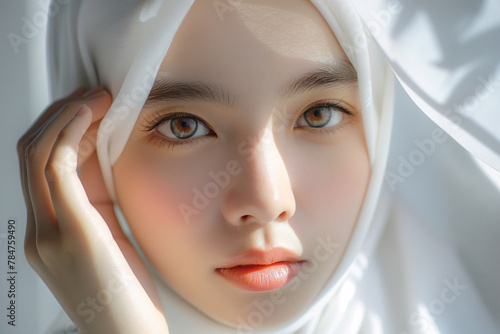 Serene Beauty in White Hijab: Portrait of a Young Woman