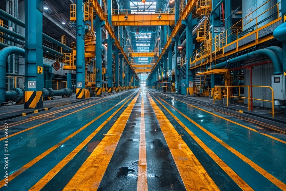 This photograph captures a lively industrial facility with vibrant yellow stripes, indicative of the energy and systematic order within - obrazy, fototapety, plakaty 