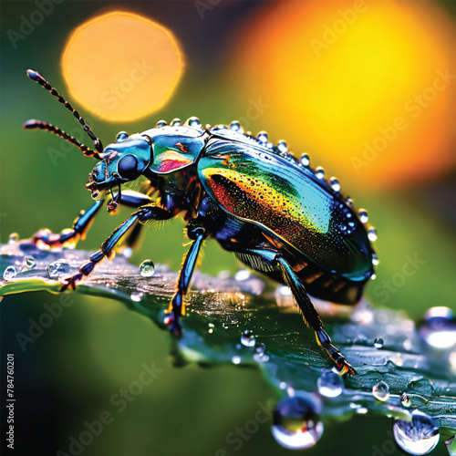 Close-up of an iridescent beetle sitting delicately on a dew-covered leaf, translucent wings catching the morning light