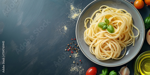 Spaghetti dish with veggies, olive oil al dente noodle recipe on table. Copy space. Generative AI
