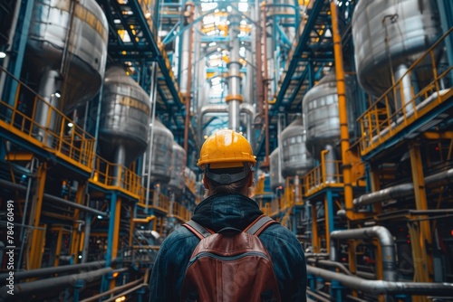 Back view of an engineer facing the massive industrial setup with tanks and pipes in an oil refinery