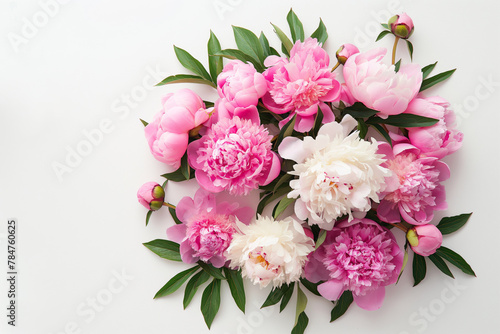 Pink and white peonies bouquet on white background, with green leaves. Generative AI © Eugen