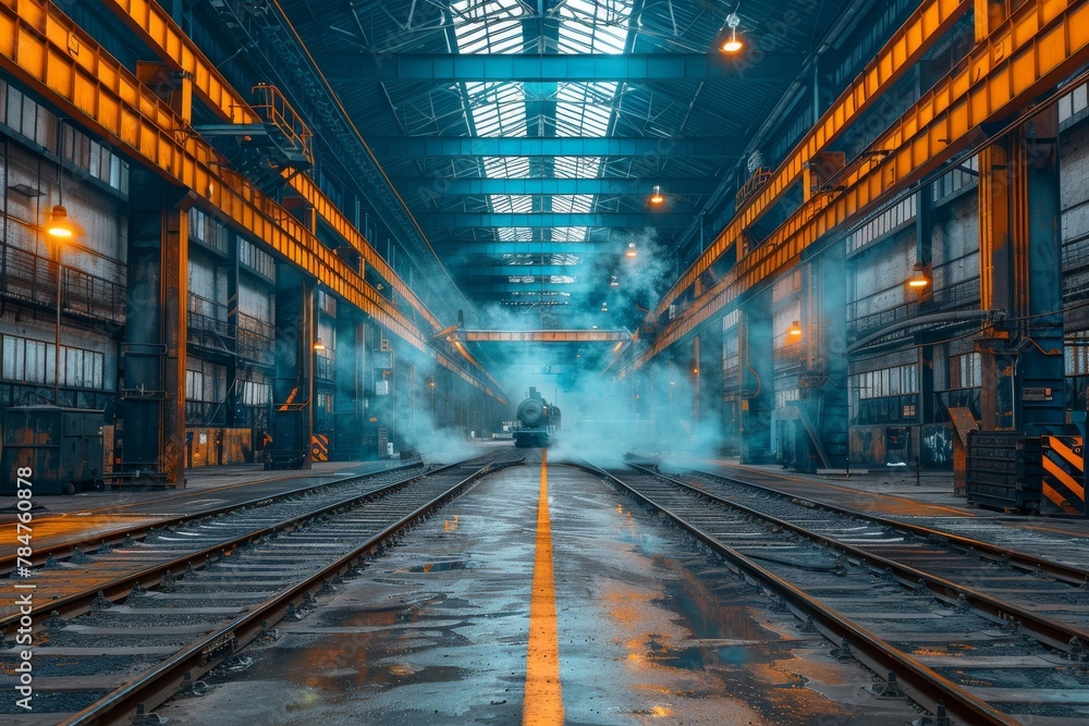 An old train awaiting departure envelops in fog within a sprawling, bleak, and eerie train depot