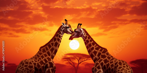 Two giraffes standing tall and intertwined, their long necks forming a heart shape against the backdrop of a stunning African sunset. 
