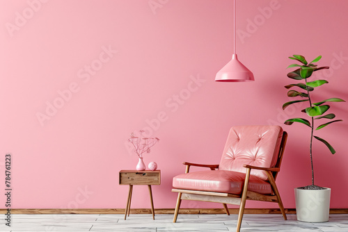 Modern interior design of pastel pink room with leather armchair and wooden side table near hanging lamp on empty wall background.