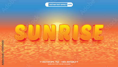 Sunrise editable 3d vector text style effect with beautiful sea beach sunrise scenery