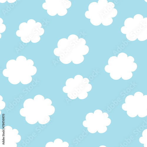 Seamless pattern with clouds. Vector illustration on blue background.  It can be used for wallpapers, wrapping, cards, patterns for clothes and other. © Evalinda