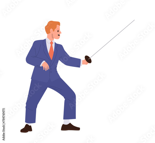 Businessman fighter cartoon character with rapier weapon conquering isolated on white background