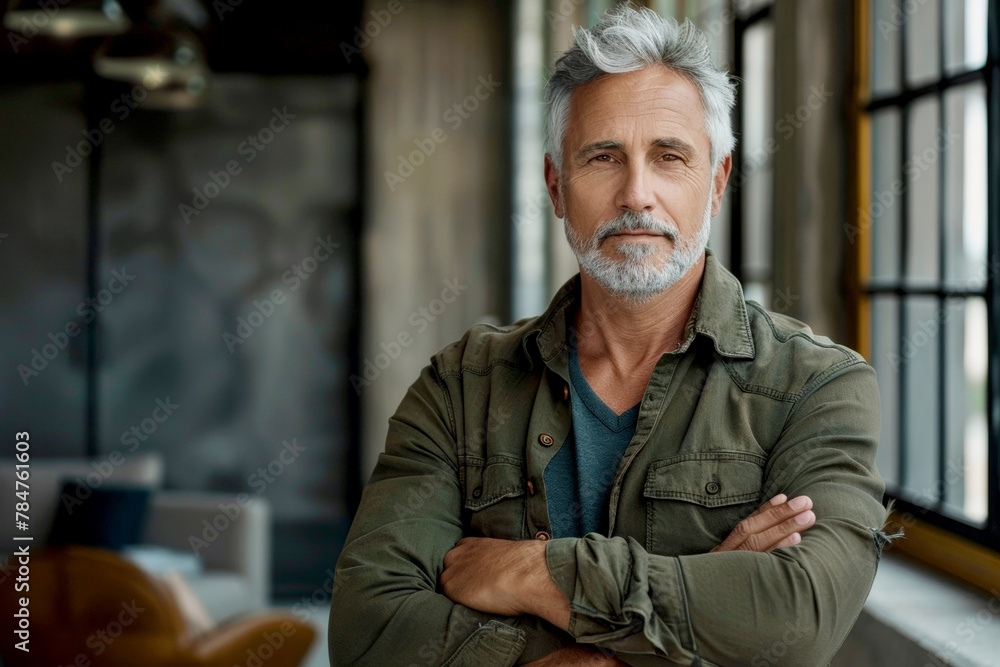 portrait of confident businessman standing with arms crossed in modern office, casual business suit and gray hair on the head