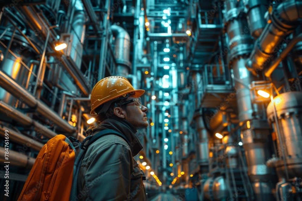 An unrecognizable worker carrying a backpack stands in a complex industrial setting with illuminated pipes and structures
