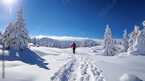 Snowshoe walker running in powder snow