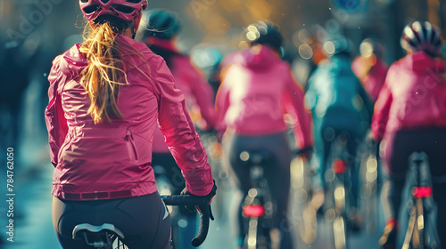 World bicycle day concept International holiday june 3,rear view of women in pink jackets riding bicycles in groups sports lovers, background, banner, card, poster with text space photo