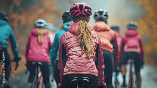 World bicycle day concept International holiday june 3,rear view of women in pink jackets riding bicycles in groups sports lovers, background, banner, card, poster with text space photo