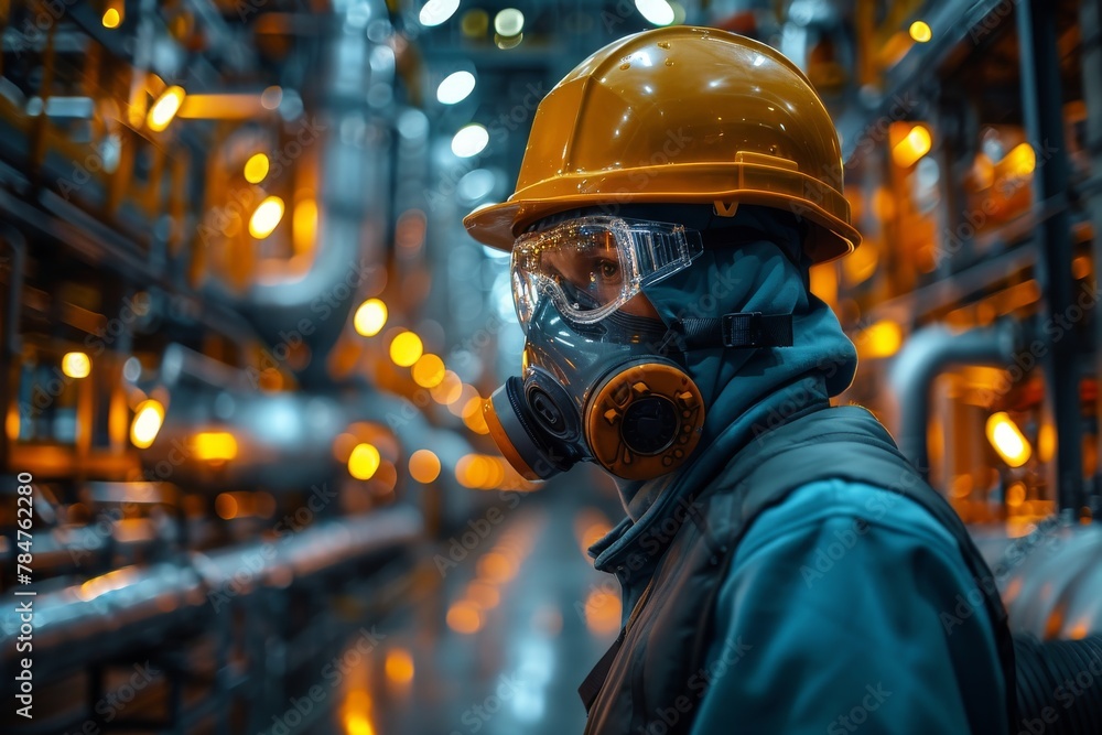 A diligent worker focuses on the task, equipped with full-face safety gear in an industrial atmosphere