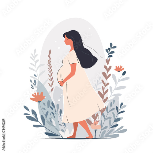 Pregnant woman walking in the park. Vector illustration in flat style.