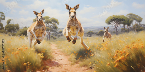 Two kangaroos hopping playfully across an open field, their joyful movements and friendly nudges embodying a spirit of carefree love and camaraderie.  photo