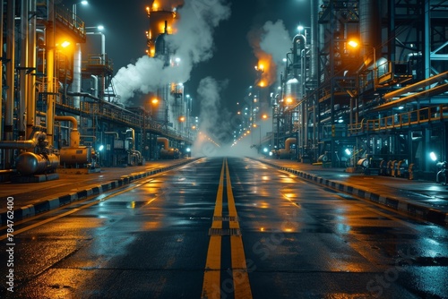 A night shot of a glowing industrial complex emitting steam against a dark sky, depicting energy and production © Larisa AI