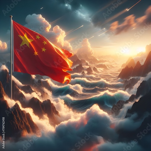 China national flag waving in beautiful clouds and sky, china, national flag, red, chines