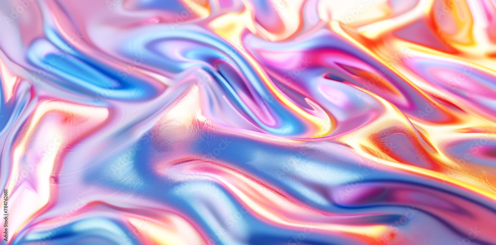 3D render of a colorful iridescent holographic background. Colorful abstract fluid liquid waves with a hologram effect, holography, a shiny wavy cloth texture. 3D render of a colorful iridescent holographic background. Colorful abstract fluid liquid waves with a hologram effect, holography, a shiny wavy cloth texture.