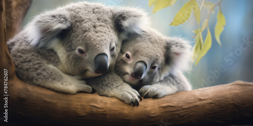  Two koalas nestled together in the crook of a tree, their furry bodies and relaxed poses embodying a sense of cozy comfort and companionship in the Australian bush. 