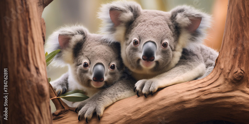  Two koalas nestled together in the crook of a tree, their furry bodies and relaxed poses embodying a sense of cozy comfort and companionship in the Australian bush. 