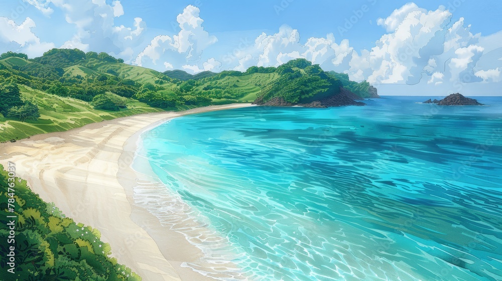 Pristine tropical beach with clear blue waters and lush green hills, soft tones, fine details, high resolution, high detail, 32K Ultra HD, copyspace, watercolor hand drawn