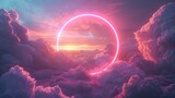 Mystical neon circle glowing amidst dreamy clouds, soft tones, fine details, high resolution, high detail, 32K Ultra HD, copyspace