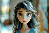 3D cartoon character, young woman with long hair and big eyes looking at the camera, adorable, cute