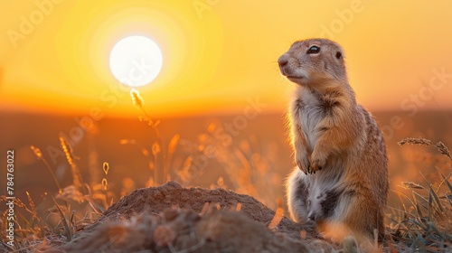 A prairie dog standing on a hill at sunset, surrounded by golden light and grasses, symbolizing calmness and connection to nature