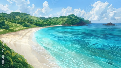 Pristine tropical beach with clear blue waters and lush green hills, soft tones, fine details, high resolution, high detail, 32K Ultra HD, copyspace, watercolor hand drawn photo