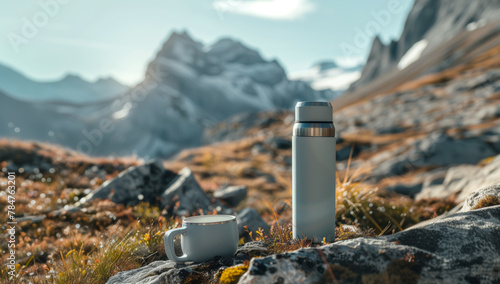 Hiking still life with thermos mockup on top of beautiful mountains panorama landscape in background