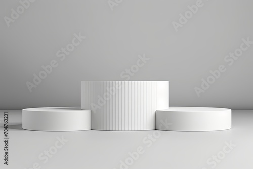 Abstract white background with three cylinder pedestal podiums for product presentation on gray background, mockup 3d rendering illustration 