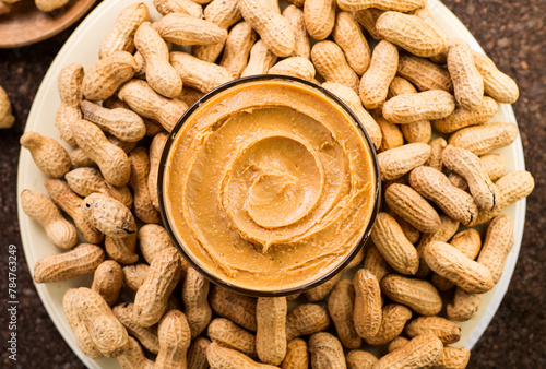 Peanut butter in a glass bowl over raw peanuts background. Creamy smooth peanut butter in glass bowl backdrop. Texture. Organic food. American cuisine. Top view