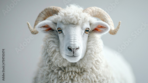 portrait of sheep with horns, photorealistic, studio light, isolated on grey background, 3d rendering, detailed, high resolution
