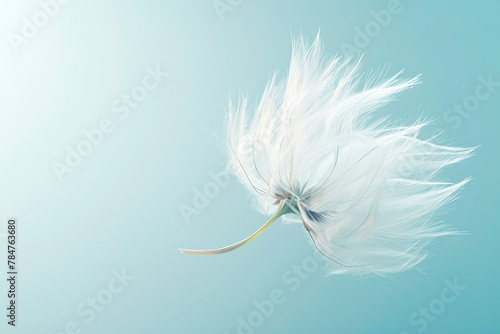 A dandelion seed floating on the wind, viewed closely, against a light blue background, in macro photographic style