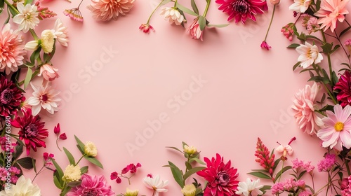 Wallpaper Mural Top view of pink Spring garden flowers frame on pink paper background. Background with copy space Torontodigital.ca