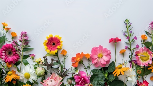 Top view of Spring garden flowers frame on grey background. Background with copy space