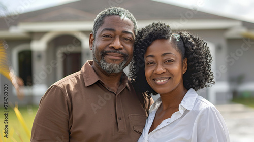 Portrait of a smiling black couple standing in front of their new house, a real estate concept.