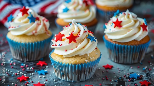 Patriotic cupcakes in style celebration American Independence day with stars frosting and sprinkles.