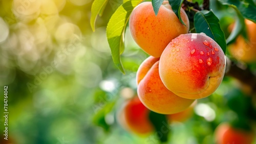 Closeup peach on a blurred garden with sunlight.