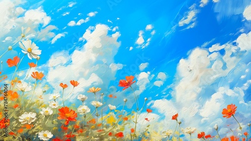 Beautiful flowers with blue sky and clouds in oil canvas paint. © PJang
