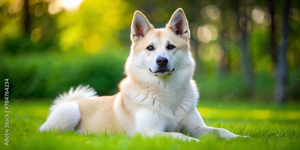 Dog Norwegian Buhund, on a green lawn. minimalism AI generated