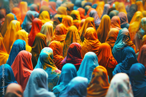 A colorful crowd of women wearing hijabs gathered for the "Eid" celebration in Serignat in a breathtaking moment of unity and diversity during the Muslim feast festival