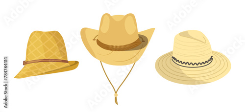 Trendy models of summer woven straw hats with wide brims isolated set on white background