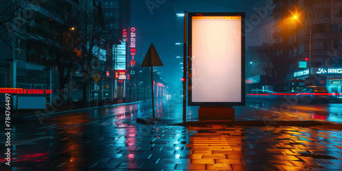 Photo of a mock-up billboard on the city street at night, mockup template for design presentation