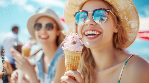 Lifestyle portrait of a group of friends eating ice cream, having fun together at the seaside or city park on a summer day.