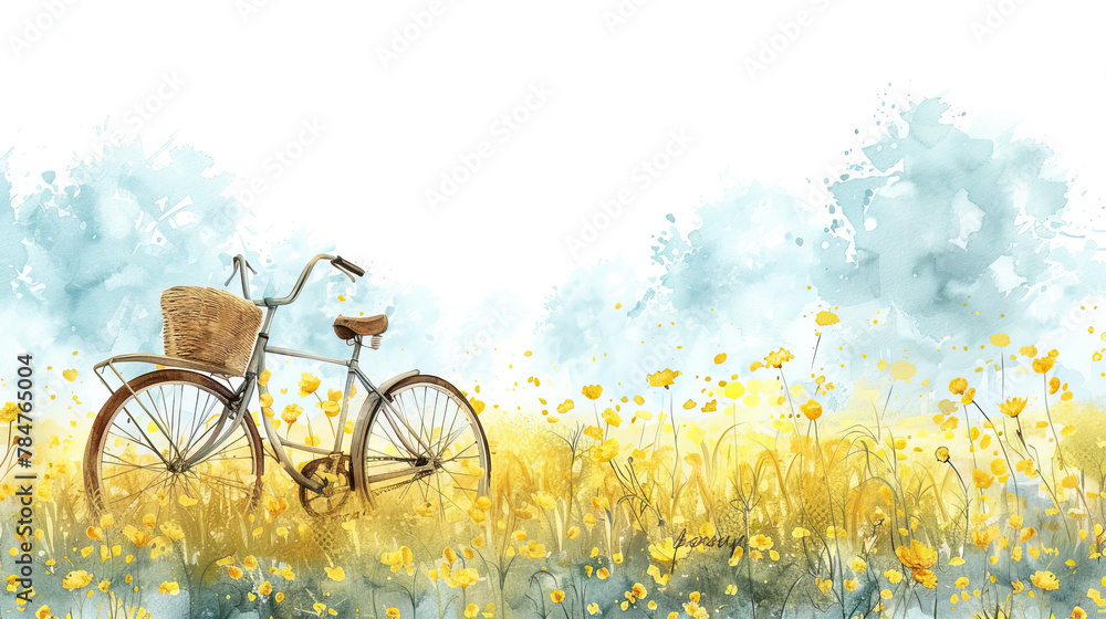World bicycle day concept International holiday june 3, bicycle with basket in yellow mustard flowers Environment preserve. blur nature background, banner, card, poster with text space