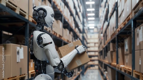 Photo of a humanoid robot holding and picking boxes in warehouse for preparing cargo to ship, AI technology concept.