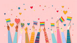 Pride Day themed vector illustration with hands of different skin tones holding rainbow flags and hearts